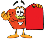 Clip Art Graphic of a Red Landline Telephone Cartoon Character Holding a Red Sales Price Tag
