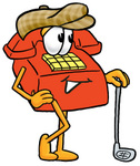 Clip Art Graphic of a Red Landline Telephone Cartoon Character Leaning on a Golf Club While Golfing