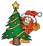 Clip Art Graphic of a Red Landline Telephone Cartoon Character Waving and Standing by a Decorated Christmas Tree