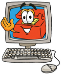 Clip Art Graphic of a Red Landline Telephone Cartoon Character Waving From Inside a Computer Screen