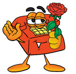 Clip Art Graphic of a Red Landline Telephone Cartoon Character Holding a Red Rose on Valentines Day