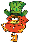 Clip Art Graphic of a Red Landline Telephone Cartoon Character Wearing a Saint Patricks Day Hat With a Clover on it