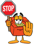 Clip Art Graphic of a Red Landline Telephone Cartoon Character Holding a Stop Sign