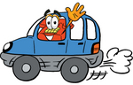 Clip Art Graphic of a Red Landline Telephone Cartoon Character Driving a Blue Car and Waving