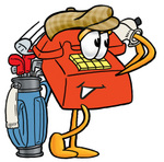 Clip Art Graphic of a Red Landline Telephone Cartoon Character Swinging His Golf Club While Golfing