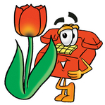 Clip Art Graphic of a Red Landline Telephone Cartoon Character With a Red Tulip Flower in the Spring