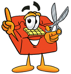 Clip Art Graphic of a Red Landline Telephone Cartoon Character Holding a Pair of Scissors