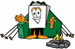 Clip Art Graphic of a White Copy and Print Paper Cartoon Character Camping With a Tent and Fire