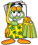 Clip Art Graphic of a White Copy and Print Paper Cartoon Character in Green and Yellow Snorkel Gear