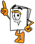 Clip Art Graphic of a White Copy and Print Paper Cartoon Character Pointing Upwards