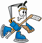 Clip Art Graphic of a White Copy and Print Paper Cartoon Character Playing Ice Hockey