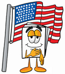 Clip Art Graphic of a White Copy and Print Paper Cartoon Character Pledging Allegiance to an American Flag