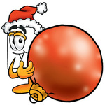 Clip Art Graphic of a White Copy and Print Paper Cartoon Character Wearing a Santa Hat, Standing With a Christmas Bauble