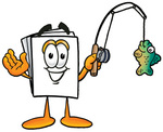 Clip Art Graphic of a White Copy and Print Paper Cartoon Character Holding a Fish on a Fishing Pole