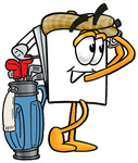 Clip Art Graphic of a White Copy and Print Paper Cartoon Character Swinging His Golf Club While Golfing