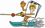 Clip Art Graphic of a White Copy and Print Paper Cartoon Character Waving While Water Skiing