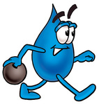 Clip Art Graphic of a Blue Waterdrop or Tear Character Holding a Bowling Ball
