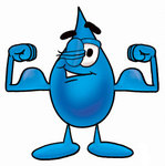 Clip Art Graphic of a Blue Waterdrop or Tear Character Flexing His Arm Muscles
