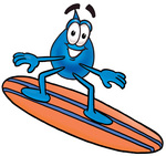 Clip Art Graphic of a Blue Waterdrop or Tear Character Surfing on a Blue and Orange Surfboard