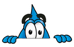 Clip Art Graphic of a Blue Waterdrop or Tear Character Peeking Over a Surface