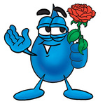 Clip Art Graphic of a Blue Waterdrop or Tear Character Holding a Red Rose on Valentines Day