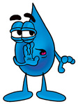 Clip Art Graphic of a Blue Waterdrop or Tear Character Whispering and Gossiping