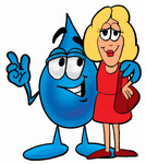 Clip Art Graphic of a Blue Waterdrop or Tear Character Talking to a Pretty Blond Woman
