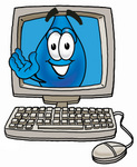 Clip Art Graphic of a Blue Waterdrop or Tear Character Waving From Inside a Computer Screen