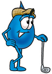 Clip Art Graphic of a Blue Waterdrop or Tear Character Leaning on a Golf Club While Golfing