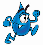 Clip Art Graphic of a Blue Waterdrop or Tear Character Running