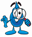 Clip Art Graphic of a Blue Waterdrop or Tear Character Looking Through a Magnifying Glass