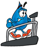 Clip Art Graphic of a Blue Waterdrop or Tear Character Walking on a Treadmill in a Fitness Gym