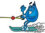 Clip Art Graphic of a Blue Waterdrop or Tear Character Waving While Water Skiing