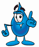 Clip Art Graphic of a Blue Waterdrop or Tear Character Waving His Finger