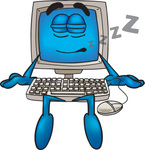 Clip Art Graphic of a Desktop Computer Cartoon Character Sleeping and Catching Some Zs