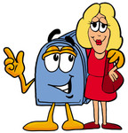 Clip Art Graphic of a Blue Snail Mailbox Cartoon Character Talking to a Pretty Blond Woman