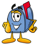 Clip Art Graphic of a Blue Snail Mailbox Cartoon Character Pointing at the Viewer