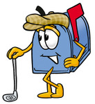Clip Art Graphic of a Blue Snail Mailbox Cartoon Character Leaning on a Golf Club While Golfing