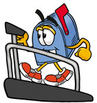 Clip Art Graphic of a Blue Snail Mailbox Cartoon Character Walking on a Treadmill in a Fitness Gym