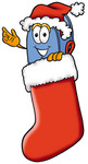 Clip Art Graphic of a Blue Snail Mailbox Cartoon Character Wearing a Santa Hat Inside a Red Christmas Stocking