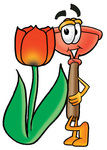 Clip Art Graphic of a Plumbing Toilet or Sink Plunger Cartoon Character With a Red Tulip Flower in the Spring