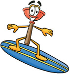 Clip Art Graphic of a Plumbing Toilet or Sink Plunger Cartoon Character Surfing on a Blue and Yellow Surfboard