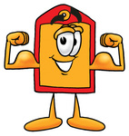 Clip Art Graphic of a Red and Yellow Sales Price Tag Cartoon Character Flexing His Arm Muscles