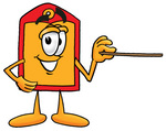 Clip Art Graphic of a Red and Yellow Sales Price Tag Cartoon Character Holding a Pointer Stick