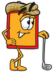 Clip Art Graphic of a Red and Yellow Sales Price Tag Cartoon Character Leaning on a Golf Club While Golfing