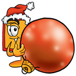 Clip Art Graphic of a Red and Yellow Sales Price Tag Cartoon Character Wearing a Santa Hat, Standing With a Christmas Bauble
