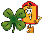 Clip Art Graphic of a Red and Yellow Sales Price Tag Cartoon Character With a Green Four Leaf Clover on St Paddy’s or St Patricks Day
