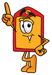 Clip Art Graphic of a Red and Yellow Sales Price Tag Cartoon Character Pointing Upwards