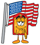 Clip Art Graphic of a Red and Yellow Sales Price Tag Cartoon Character Pledging Allegiance to an American Flag