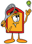 Clip Art Graphic of a Red and Yellow Sales Price Tag Cartoon Character Preparing to Hit a Tennis Ball